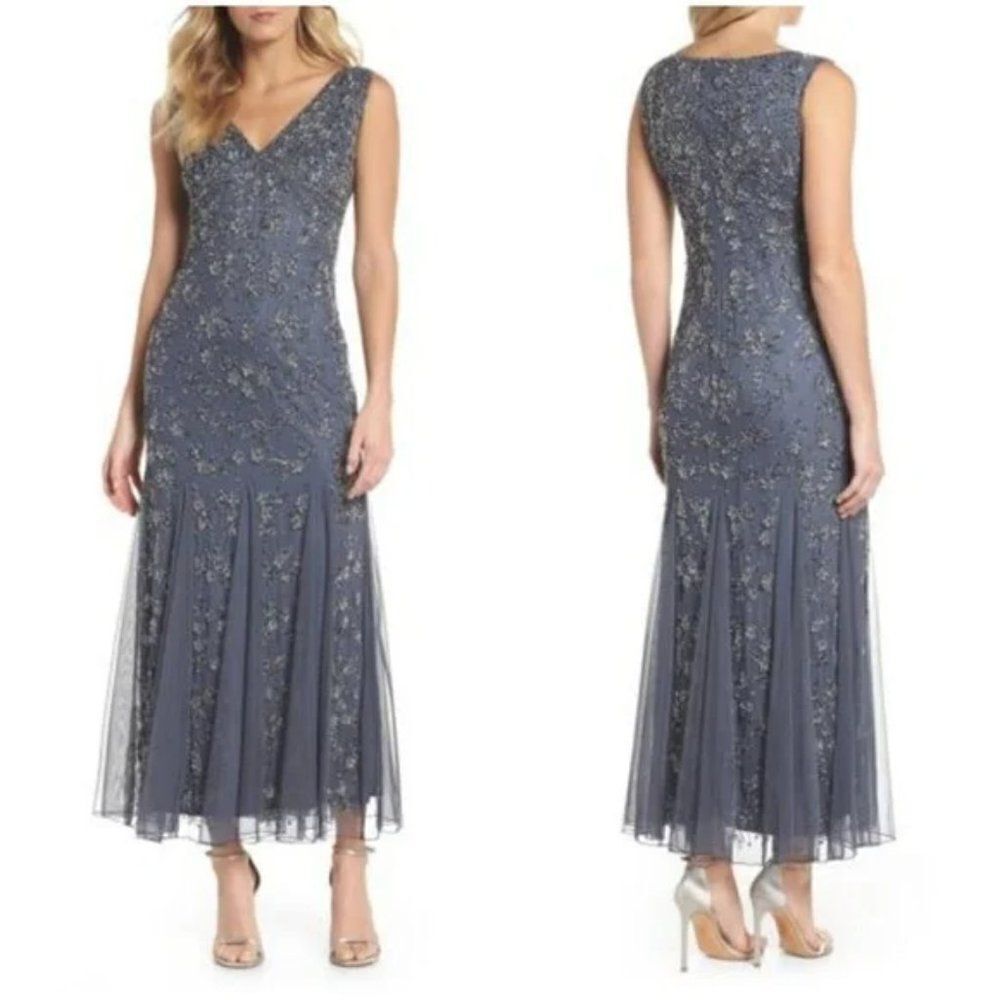 💎 PISSARO NIGHTS 💎 Beaded Godet Gown [size 14, Grey Blue]